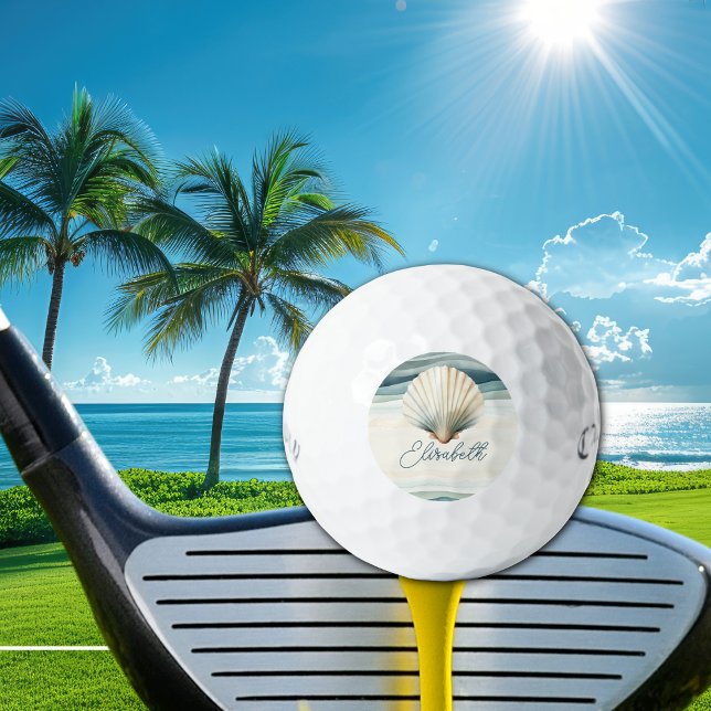 Pelotas De Golf Personalizado Crea Tu Propio Monograma Elegante (Custom golf ball with watercolor seashell, monogram initials, and name for beach life golfers)