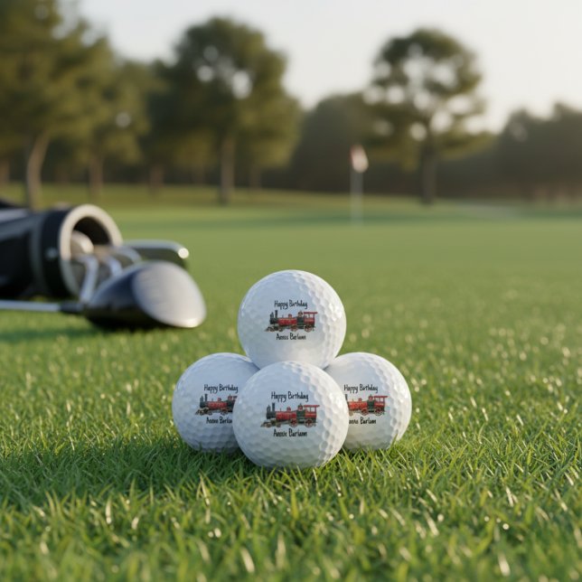 Pelotas De Golf Personalizado de la Celebración del Tren Rojo (Crimson Rail Celebration Custom Red Train Birthday Golf Balls)