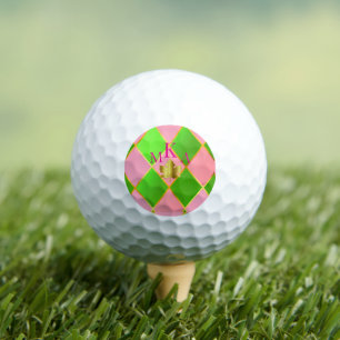 Pelotas De Golf Personalizado Monogramado Rosa y Verde Argyle
