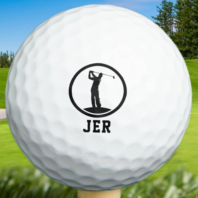 Pelotas De Golf Personalizado Monogrammed Golfer Silhouette Sports (Custom Monogrammed Golfer Silhouette Sports Black Golf Balls Unique Golfing Gifts For Him)