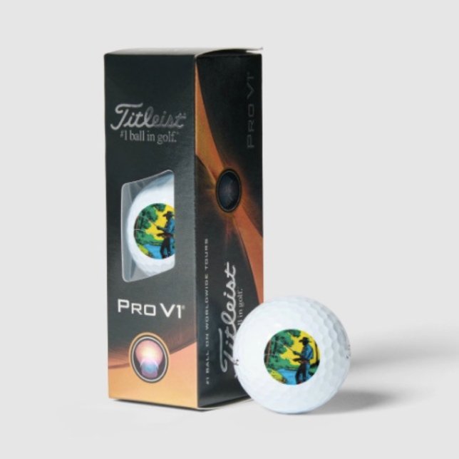 Pelotas De Golf Pescador en la orilla del río  (Retro Cowboy Fishing Riverside Scene Golf Balls – Golfer Gift Set Mens Sports Novelty Gear)