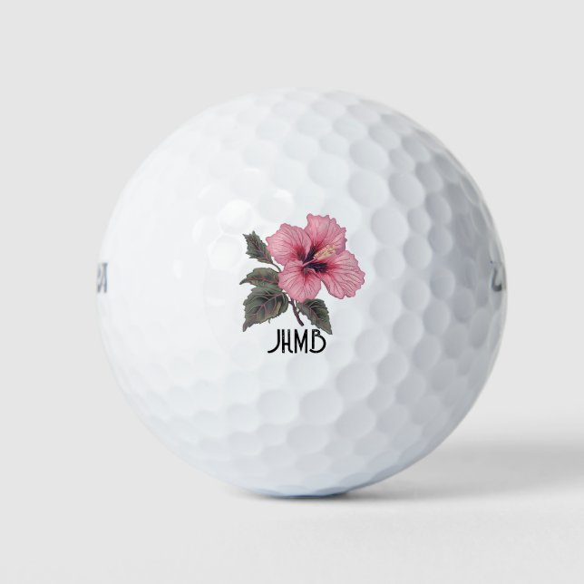 Pelotas De Golf Pink Hibiscus Tropical Flower Monogram Art (Anverso)