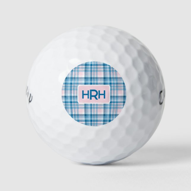 Pelotas De Golf Pink Plaid with Modern Monogram (Anverso)