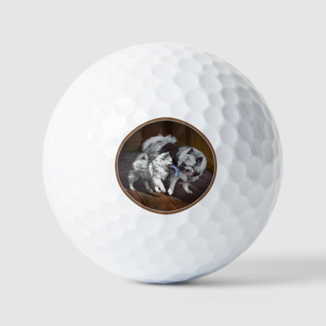 Pelotas De Golf Pintado Keeshond Playtime - Arte Perro Original. (Anverso)