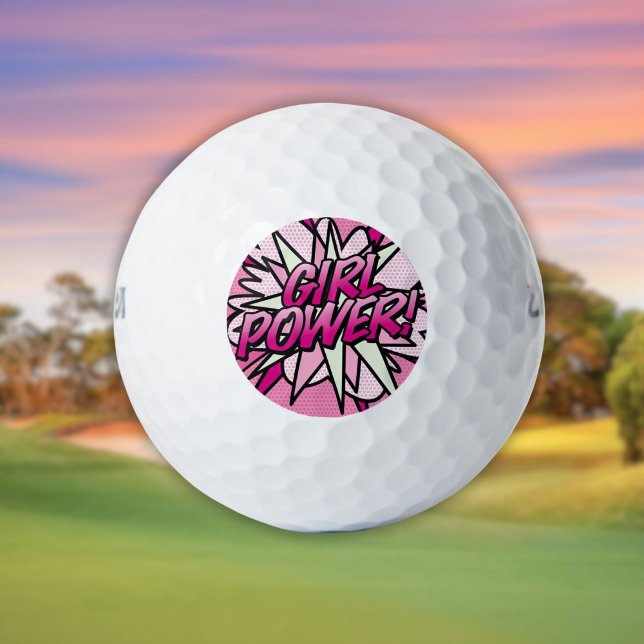 Pelotas De Golf PODER DE CHICA Cómic Divertido Moderno Rosa (GIRL POWER Comic Book Fun Modern Pink Golf Balls)