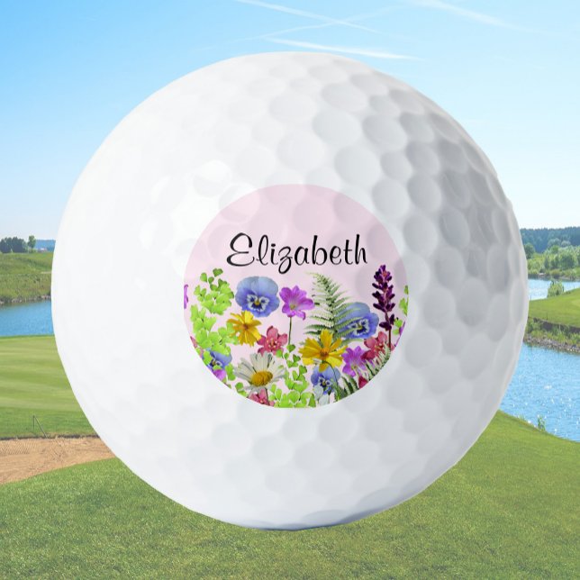 Pelotas De Golf Pretty pink wildflowers with custom name womens (Subido por el creador)