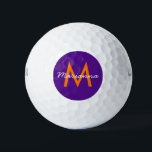 Pelotas De Golf Purple Crea tu propio monograma personalizado<br><div class="desc">Añade un nombre y un comienzo para construir tu propio diseño de bolas de golf de personalizado monograma en púrpura, naranja y blanco, con un moderno sans-serif y tipografía divertida y femenina. Puede editar la plantilla de diseño haciendo clic en 'personalizar más adelante' para crear combinaciones de colores en honor...</div>