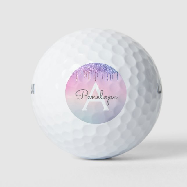 Pelotas De Golf Purpurina Arcoiris Lluvia Con Monograma (Anverso)