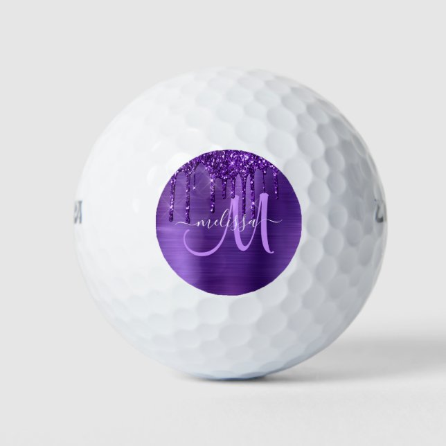 Pelotas De Golf Purpurina Girly Purple Dripping Brush Monograma Me (Anverso)