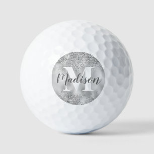 Pelotas De Golf Purpurina metálico plateado con monograma blanco