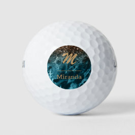Pelotas De Golf Purpurina oro rosa de mármol azul Mongrama persona