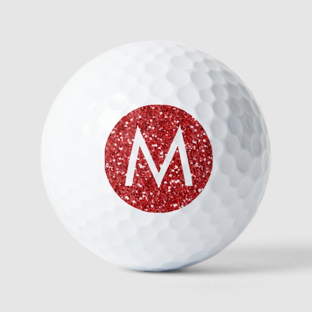Pelotas De Golf Purpurina Rojo Moderno Monogramado Inicial (Anverso)