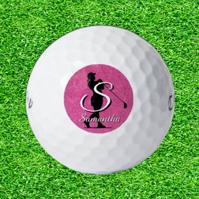 Pelotas De Golf Purpurina Rosa Lady Golfer Monogram (Pink Glitter Lady Golfer Monogram Golf Balls)