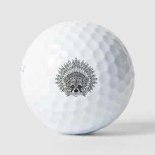 Pelotas De Golf Raccoon In Feathered War Bonnet Doodle