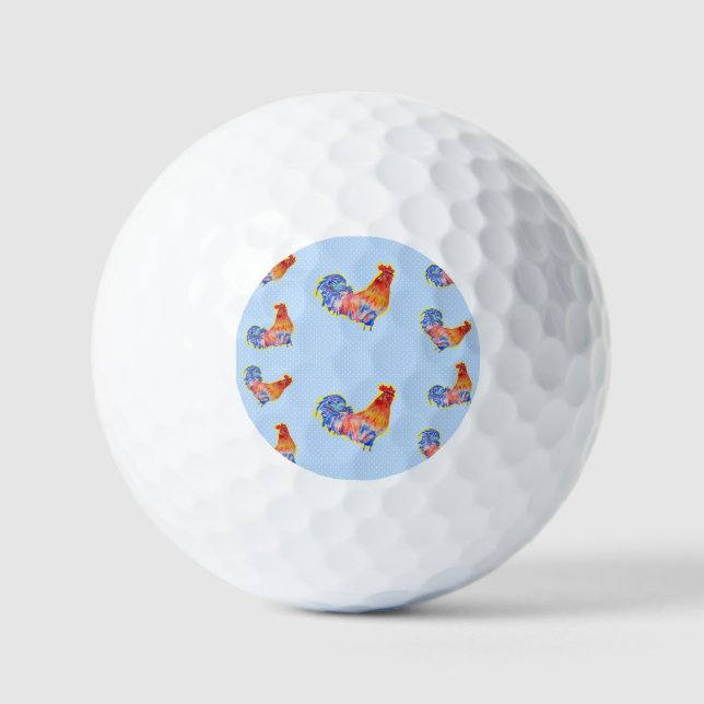 Pelotas De Golf Red Funny Rooster Cockerel Blue and White Spots (Anverso)