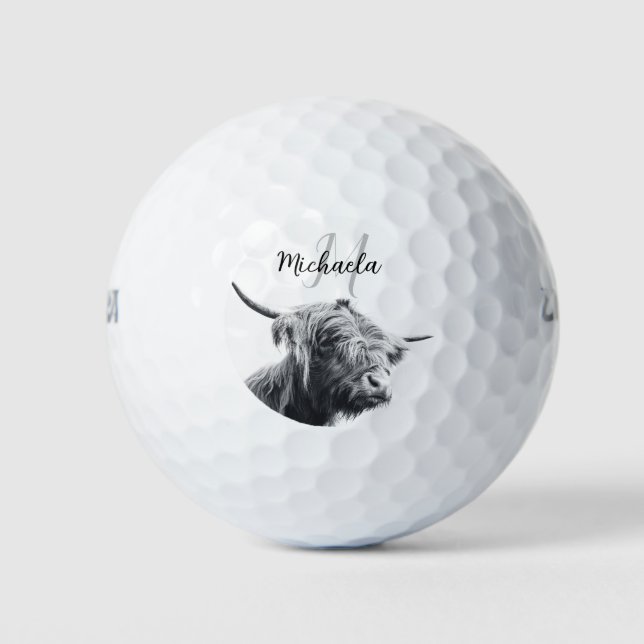 Pelotas De Golf Retrato de vaca Highland monograma inicial blanco  (Anverso)