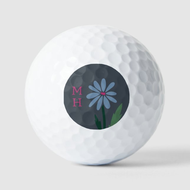 Pelotas De Golf Retro Modern Floral Monogrammed Blue Daisy (Anverso)