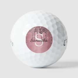 Pelotas De Golf Rosa Dorado Glitter Monograma Nombre con Brillo