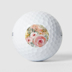 Pelotas De Golf Rubor Floral Bouquet Watercolor Rústico Madera Pam
