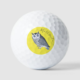 Pelotas De Golf Rústica Lechuza Azul Gris Amarillo Nombre Monogram