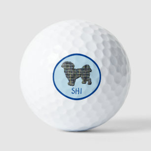 Pelotas De Golf Shih Tzu Dog Silhouette Grid Monograma Azul