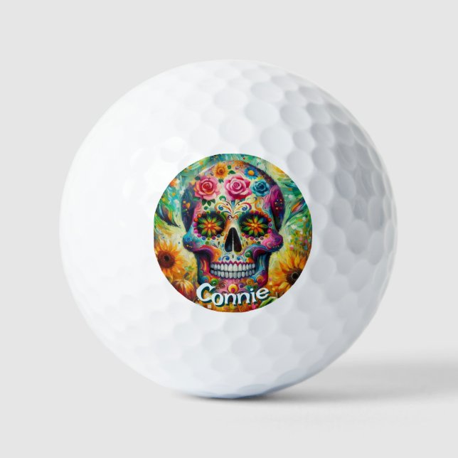 Pelotas De Golf Sugar Skull Day of the Dead Floral Personalized (Anverso)