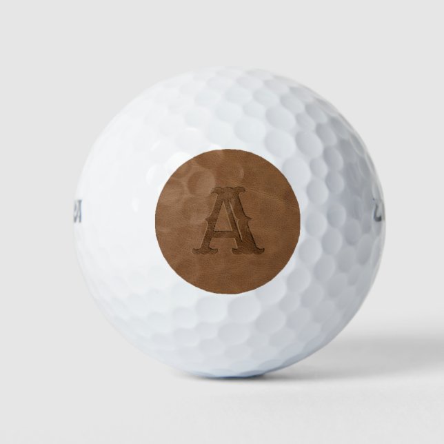 Pelotas De Golf Textura de cuero marrón monogramada inicial (Anverso)