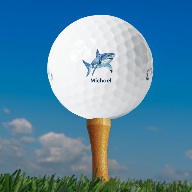 Pelotas De Golf Tiburón monograma personalizado (“Personalized golf ball with watercolor shark design and custom monogram — unique gift for golfers.)