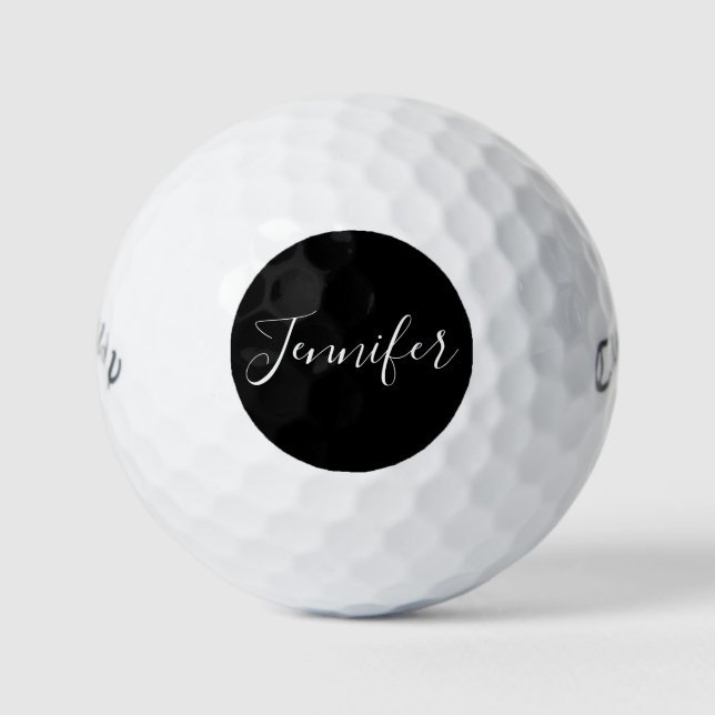 Pelotas De Golf Tu nombre | Elegante guión blanco sobre negro (Anverso)