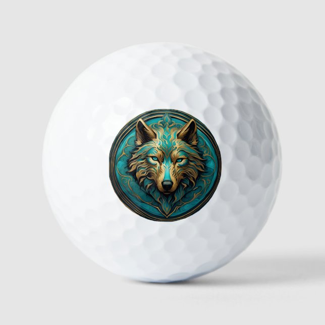 Pelotas De Golf Turquesa y lobo de oro (Anverso)