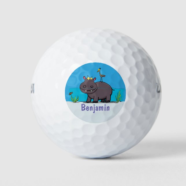 Pelotas De Golf Un gracioso hipopótamo con personalizado de pájaro (Anverso)