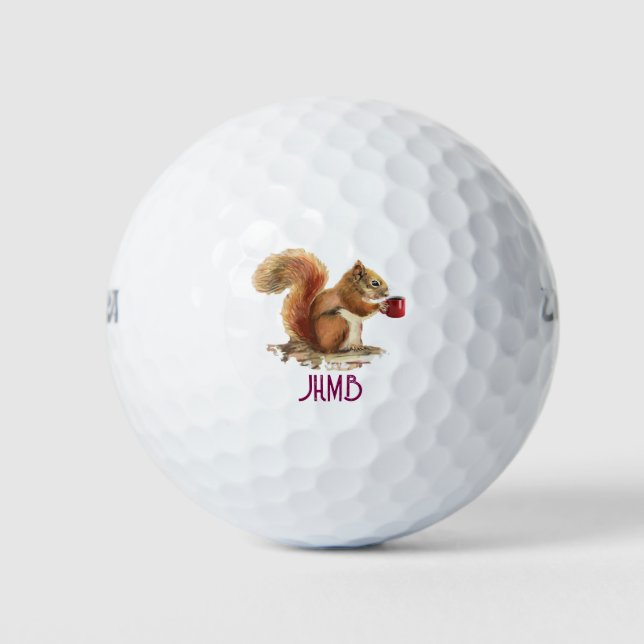 Pelotas De Golf Watercolor Squirrel with Coffee Animal Monogram  (Anverso)