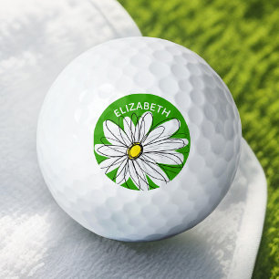 Pelotas De Golf Whimsical Daisy with Name - Green and Yellow