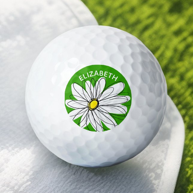 Pelotas De Golf Whimsical Daisy with Name - Green and Yellow (Add Your Name to this Personalized Golf Ball)