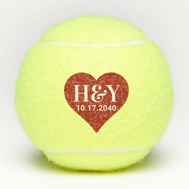 Pelotas De Tenis Boda Iniciales Monograma Fecha Corazón Rojo  (Anverso)