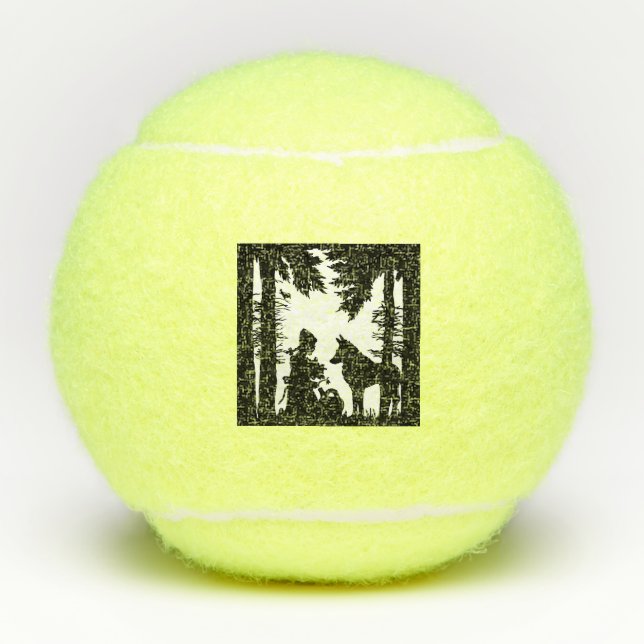 Pelotas De Tenis Caperucita roja bajo árboles en hierba con lobo (Anverso)