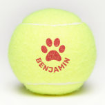 Pelotas De Tenis Mascota de impresión de papel rojo personalizado p<br><div class="desc">Bolas de tenis impresas en personalizado con un nombre de mascota personalizado y una huella de pata roja. Haga clic en "personalizar más adelante" para cambiar los colores del diseño.</div>