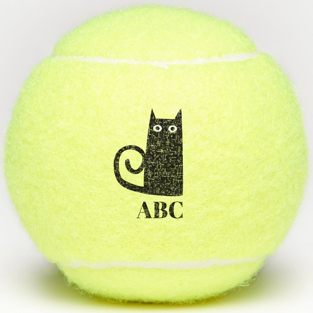 Pelotas De Tenis Monograma de gato negro (Fun black cat personalized monogram initial tennis ball)