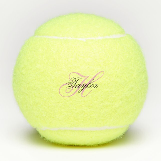 Pelotas De Tenis Monograma negro y rosa de brillo (Anverso)