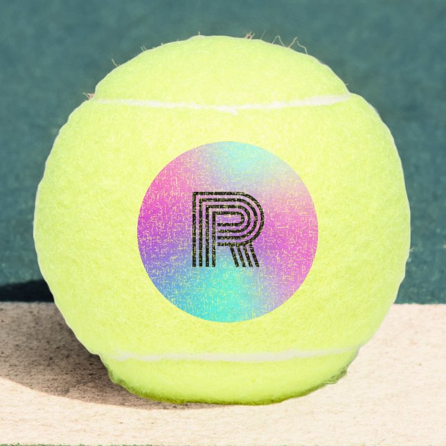 Pelotas De Tenis Monograma Neón Azul Rosa y Morado Ombre (neon pink blue and purple ombre monogram retro tennis ball)