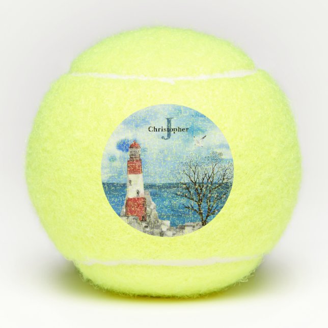 Pelotas De Tenis Monograma Red & Blue Lighthouse Watercolor Scene (Anverso)