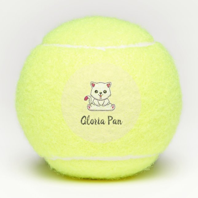Pelotas De Tenis Nombre personalizado lindo gato blanco en amarillo (Anverso)