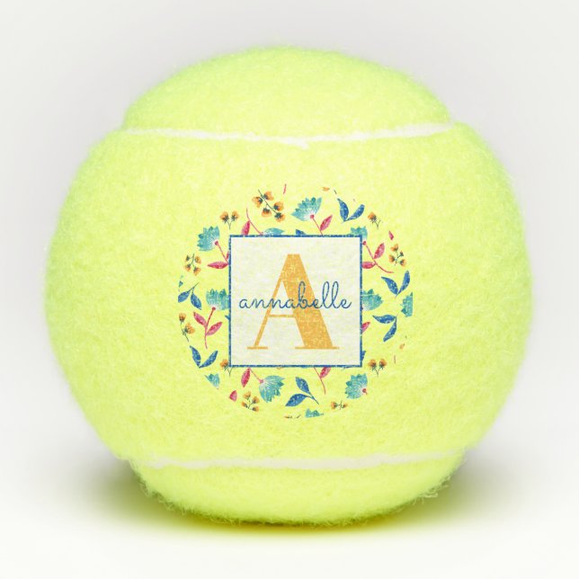 Pelotas De Tenis Patrón floral de arte folclórico monogramado (Anverso)