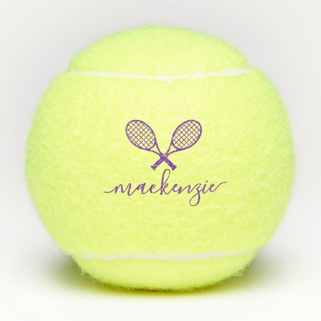 Pelotas De Tenis Raquetas moradas con nombre personalizado  (Anverso)