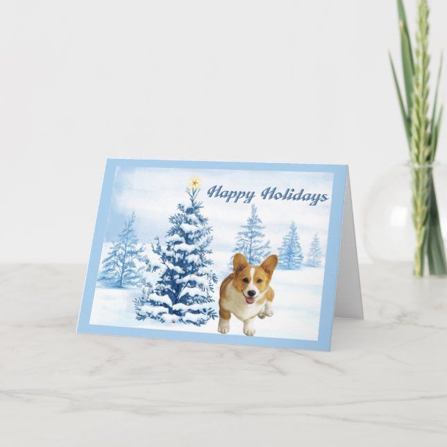 Pembroke Welsh Corgi Navidades Tarjeta Árbol Azul (Anverso)