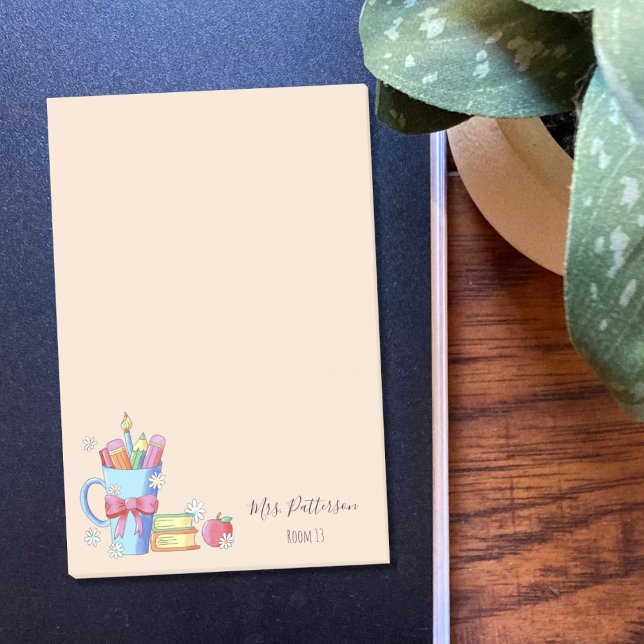 Pencils acuarela y libros Notas post-it del profes (Cute personalized sticky notes for teachers with white little flowers .)