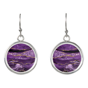 Pendientes Agate Purple Violet Gold Custom Name Earrings
