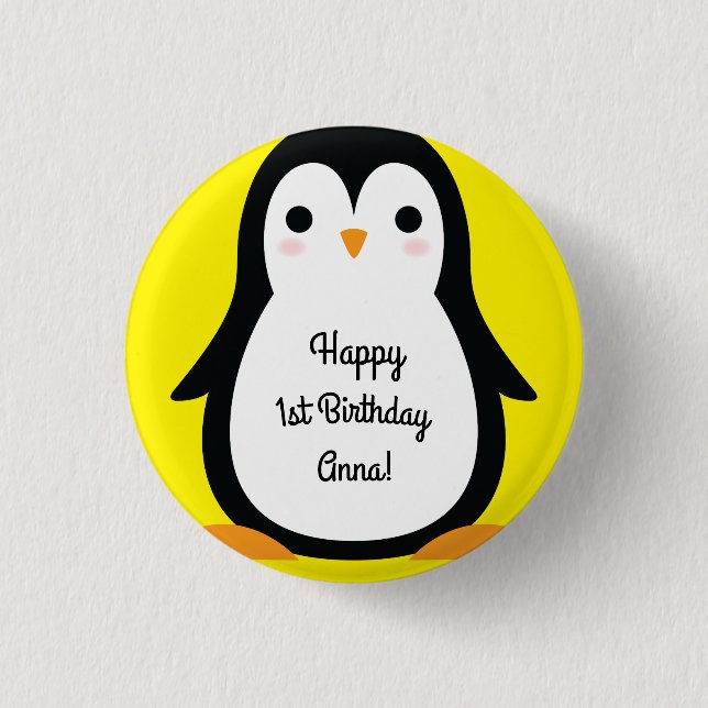Penguin Cute Winter Primer botón de cumpleaños Pin (Anverso)
