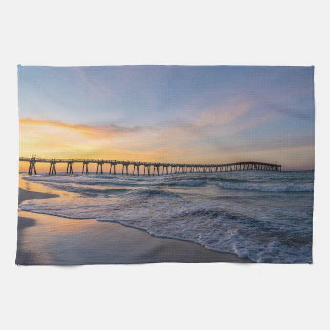 Pensacola Pier Shoreline Sunrise Kitchen Toalla (Horizontal)