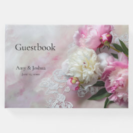 peonatos rosados y blancos en el libro de invitado